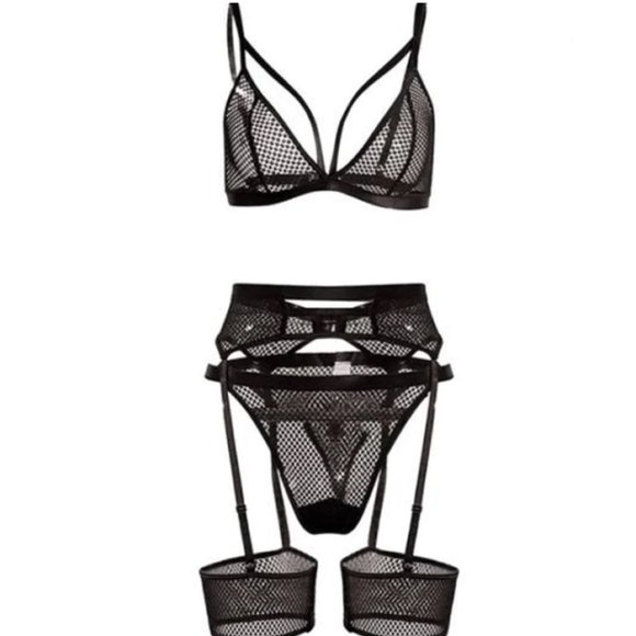 Black Cut Out Transparent Garter Strap Bra + Thong Lingerie Set Mesh Panty Set - Picture 3 of 3